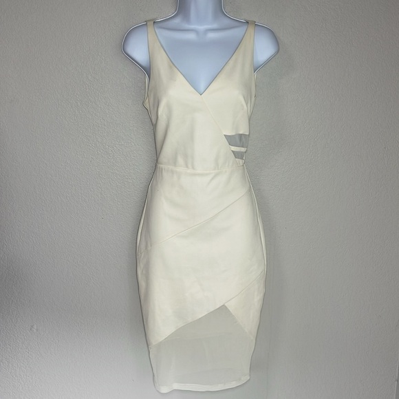 bebe Dresses & Skirts - Bebe V-Neck Sleeveless Sheer Mesh Panels Ivory Fitted Dress Open Back Size XXS